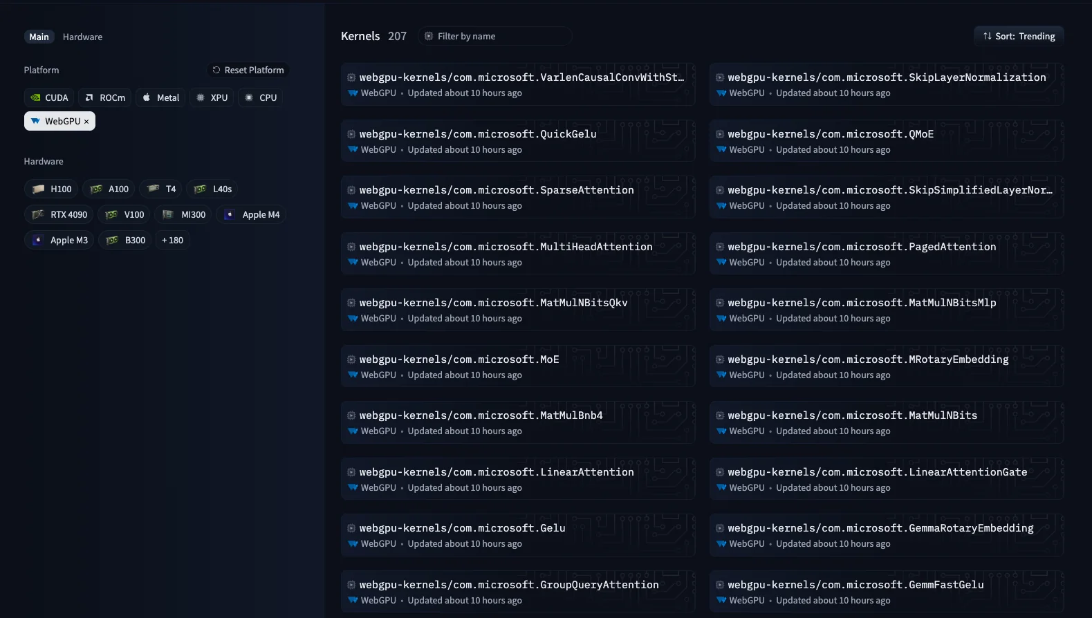 The Hub Kernels page filtered to the WebGPU platform, listing the 207 published kernels