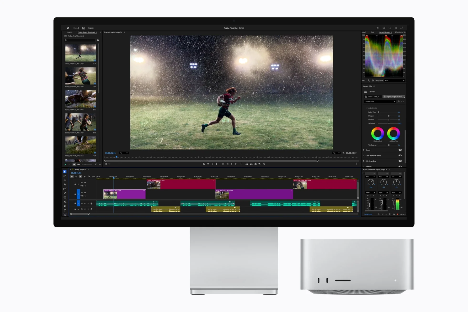Mac Studio and Studio Display show a video timeline being edited in Adobe Premiere Pro.