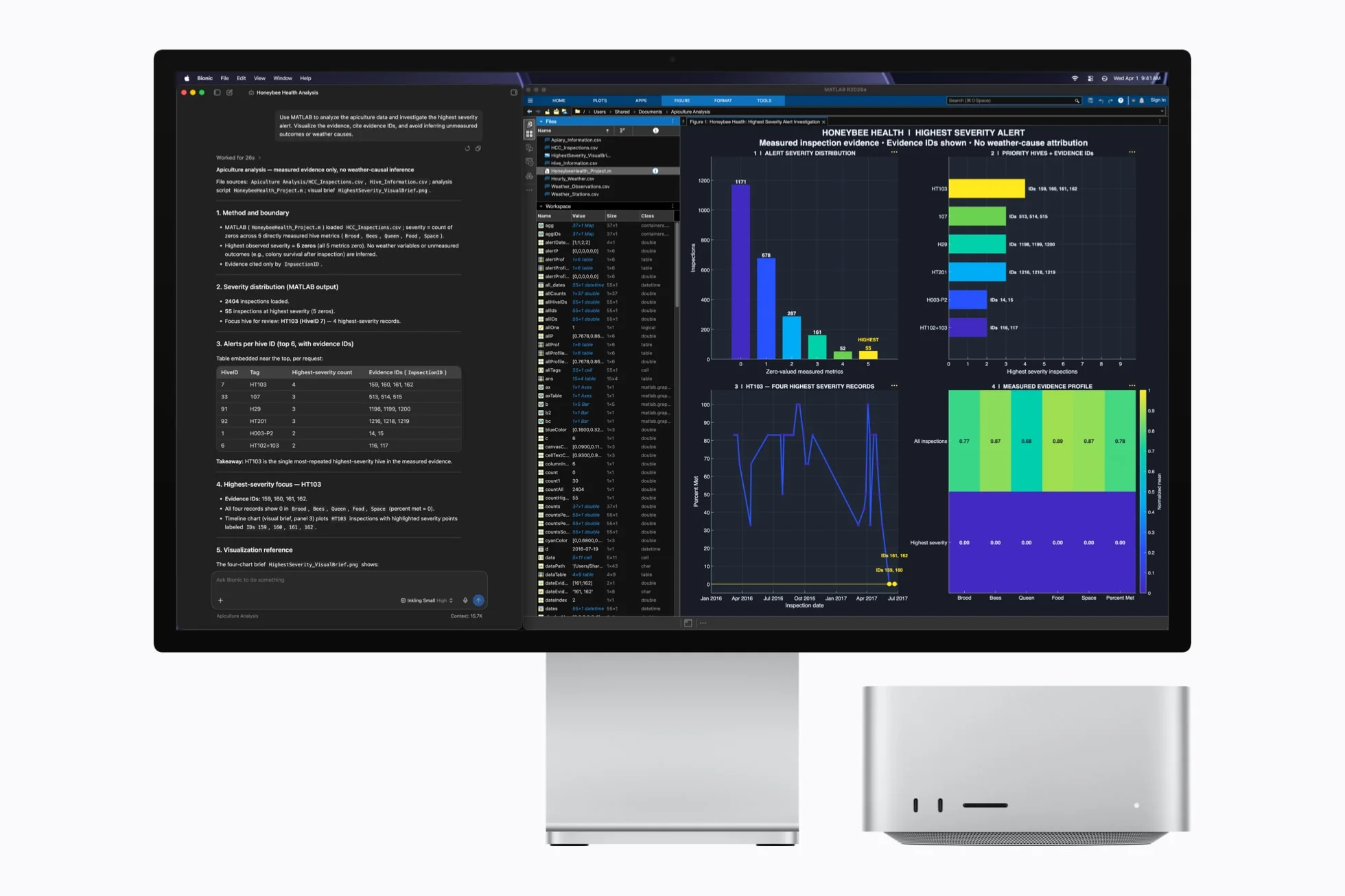 Mac Studio and Studio Display show complex data visualizations and graphs in LM Studio Bionic and MATLAB.