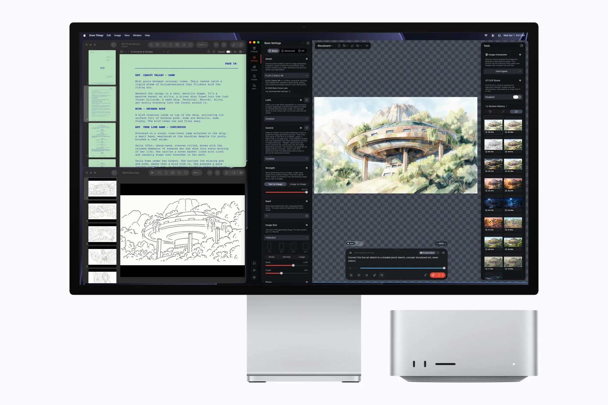 Mac Studio and Studio Display show an image of a treehouse being edited in the Draw Things app.