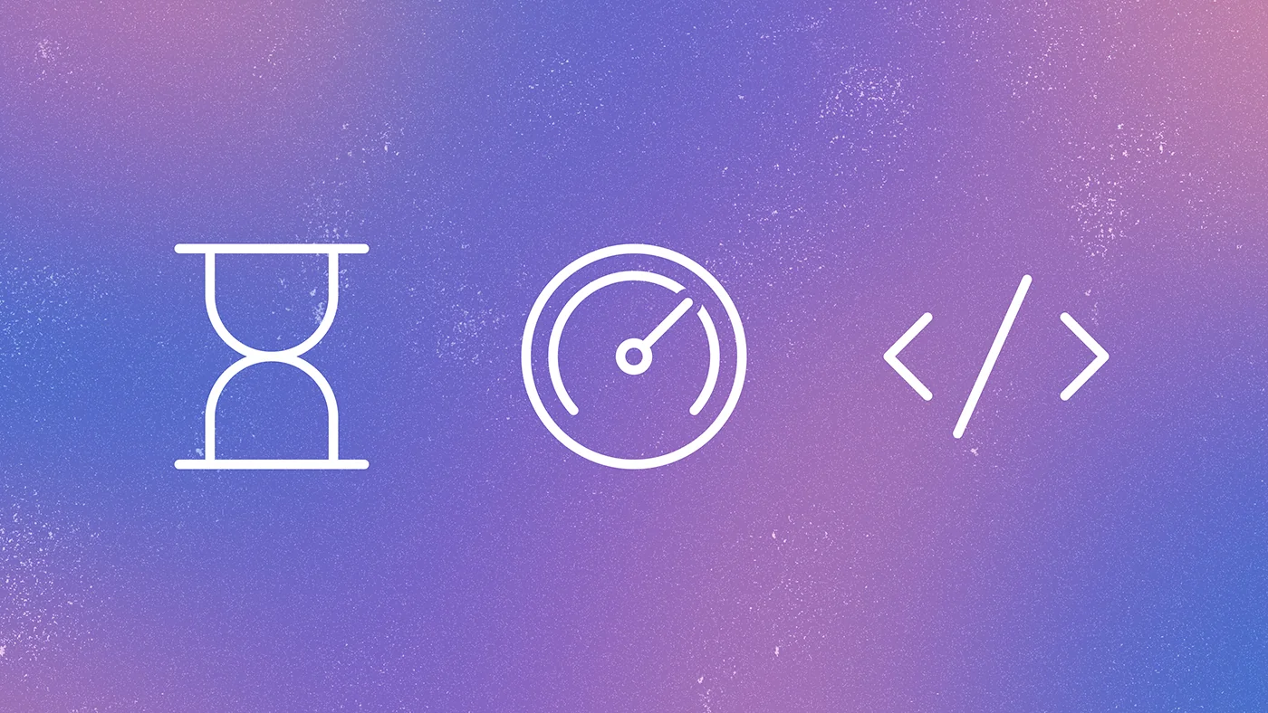 Three minimalist white icons on a purple-to-pink gradient background. From left to right: an hourglass, a circular gauge, and a pair of angle brackets with a slash.