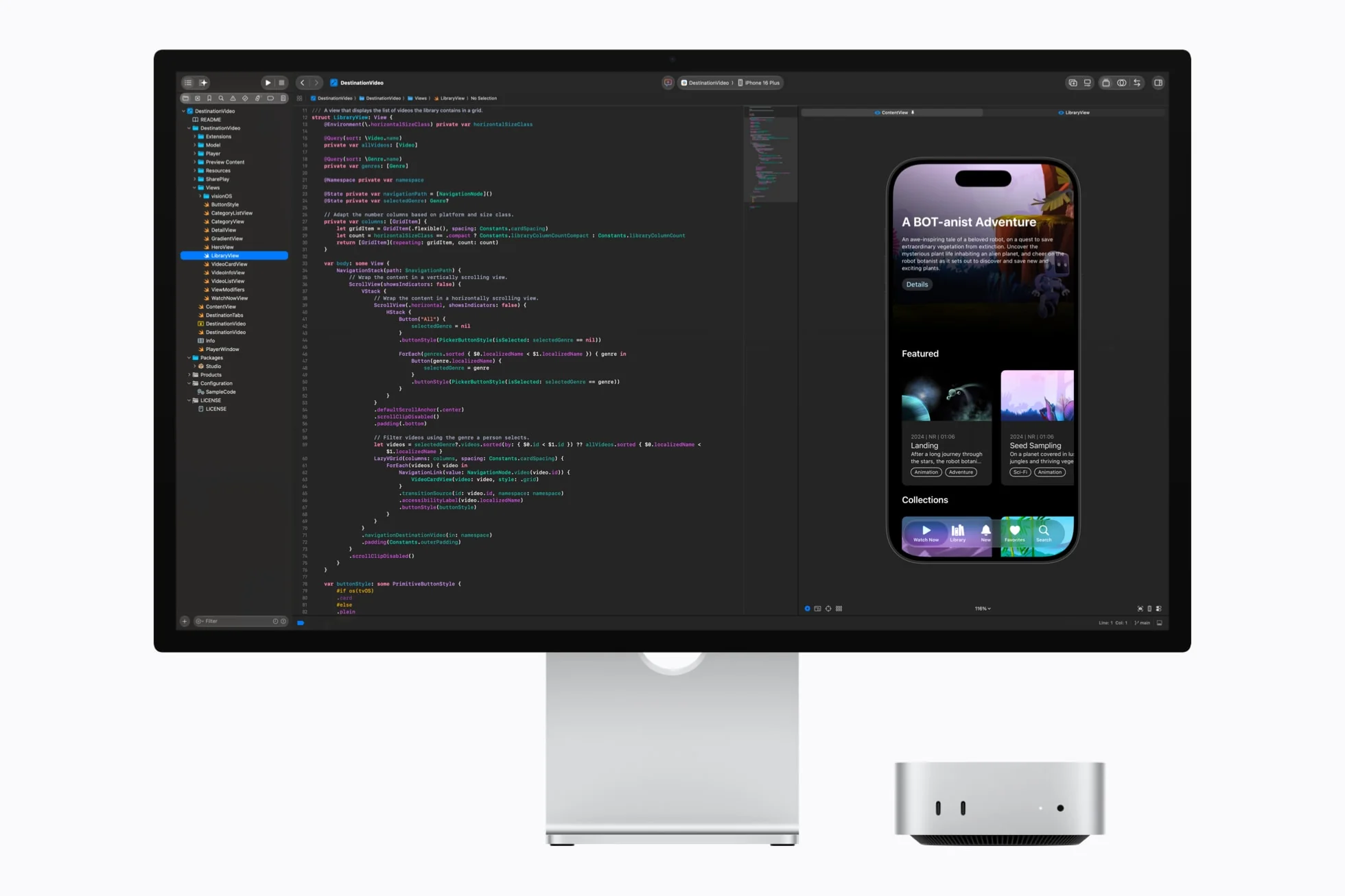 Mac Studio and Studio Display show code being written in Xcode.
