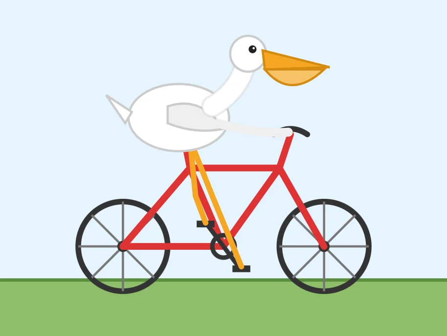 Minimalist flat-style illustration of a white pelican with an orange beak riding a black bicycle to the right, with motion lines behind it, on a light blue background.
