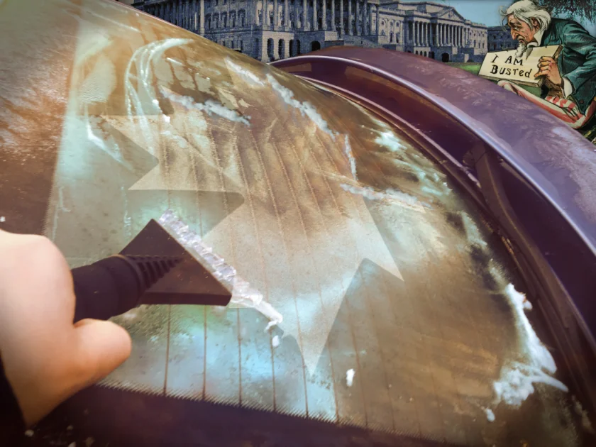 A car's frosted-over back windscreen, being scraped by a person's hand holding an ice-scraper. The person has scraped a Canadian maple leaf into the windscreen. In the background we see the capitol dome and a depressed caricature of Uncle Sam holding a sign reading 'I am busted.'