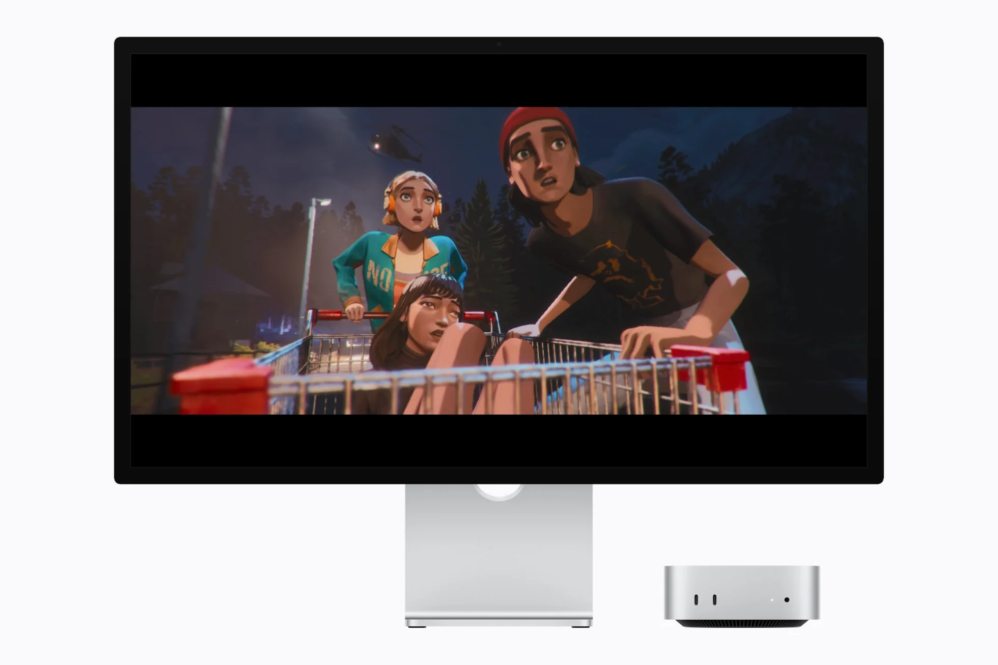 Mac Studio and Studio Display show a cinematic scene from the video game Mixtape.
